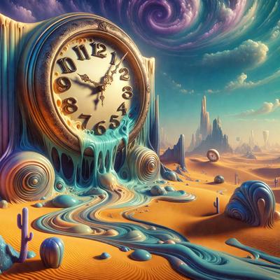 The primary subject of the image is a large, colorful clock that is melting into a pool of blue liquid. The clock is situated in the middle of the scene, surrounded by a surreal landscape. The setting appears to be a desert-like environment, with a sky visible in the background. The visual style of the image is a combination of digital art and illustration, creating a unique and imaginative scene. The dominant colors in the image are blue and purple, giving the scene a dreamy and surreal atmosphere.